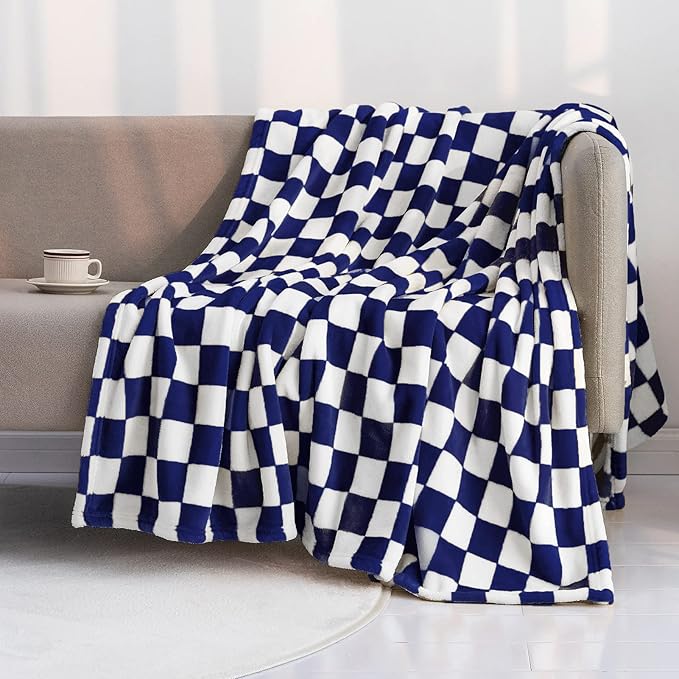 LOMAO Throw Blankets Flannel Blanket with Checkerboard Grid Pattern Soft Throw Blanket for Couch, Bed, Sofa Luxurious Warm and Cozy for All Seasons (Dark Blue, 50"x60")