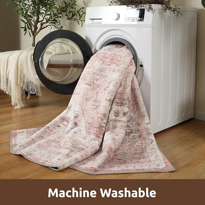 AMOAMI 6FT Round Vintage Soft Pink Rug - Non Slip Circle Machine Washable Rug for Living Room, Bedroom, Office Under Table