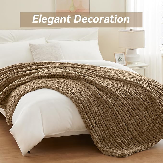 Chunky Knit Throw Blanket, 60''*80'' Knitted Throw Chenille Yarn for Bed Couch, Handmade Light Brown Crochet Big Thick Blanket, Machine Washable Cute Comfy Blanket for Home Decor
