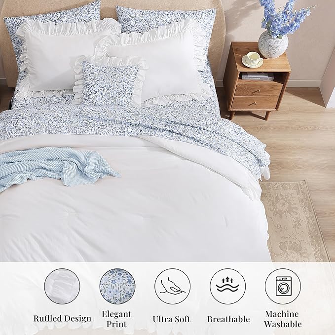 Queen Comforter Set - 7 Pieces Ruffle White Bedding Sets, Shabby Chic Farmhouse Bed in a Bag Queen with Ruffle Comforter, Floral Sheets, Pillowcases & Shams