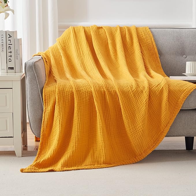 EMME Cotton Blanket Queen Size for Bed Soft Large Muslin Bed Blankets 90"x90" Lightweight Breathable All Season Gauze Blanket, Mustard Yellow
