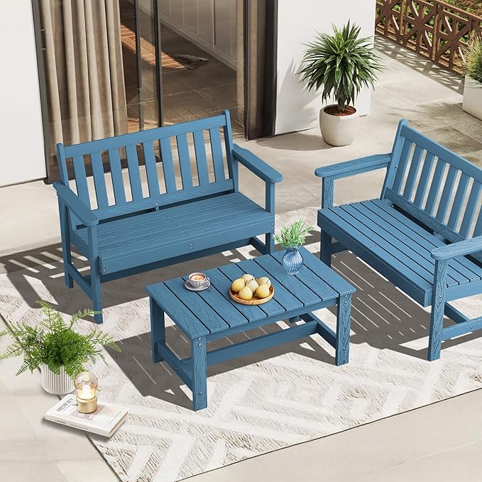 SERWALL Patio Coffee Table, HDPE Rectangle Outdoor Coffee Table Set of 2, Navy