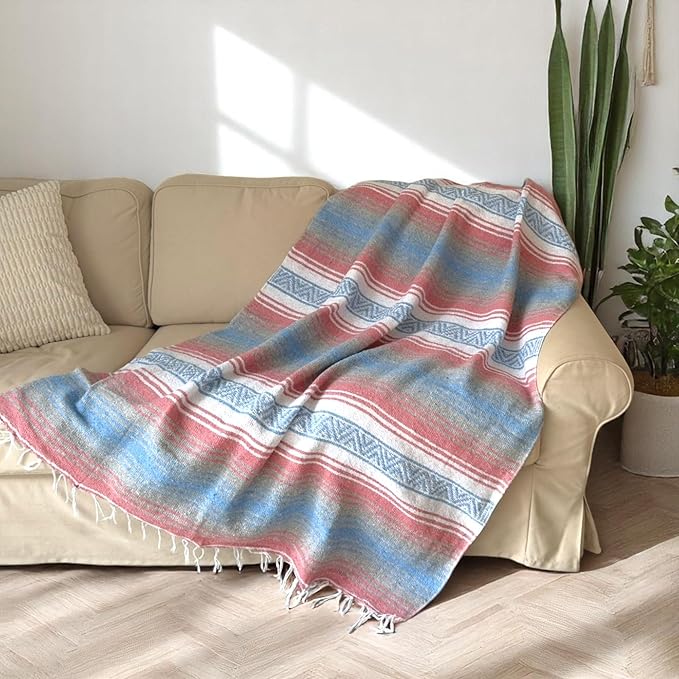 Traditional Handwoven Mexican Blanket, Large Falsa Serape - Soft & Durable - Vibrant Beach, Picnic, Yoga & Camping Mat - Lightweight Boho Throw 70"x50" (Bubblegum)