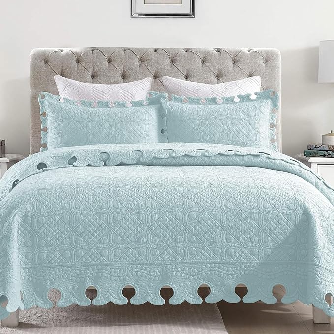 MarCielo 3-Piece 100% Cotton Oversized Bedspread Lightweight Quilt Coverlet Embroidery Farmhouse Bedding Set (TW Mint Green Blue, Oversized King (118"x106"))
