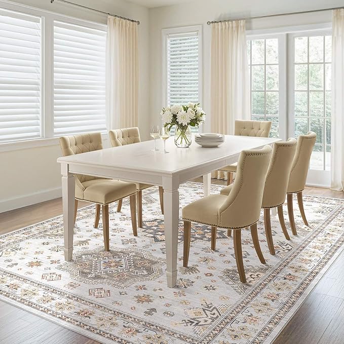 Washable Area Rugs for Living Room -10x13 Neutral Vintage Distressed Floral Farmhouse Boho Large Soft Floor Rug Indoor Non Slip Carpet for Living Room Bedroom Dining Room Office-Blue Brown