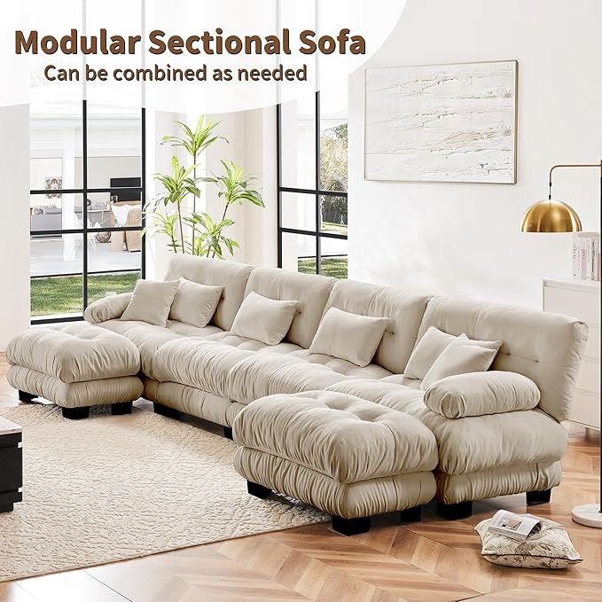 U Shaped Couch Sectional Couch, 4-Seater Cloud Couch Sectional Oversized Couch, Sofa Bed Couch with Round Bolster Armrests 6 Pillows, Modular Couch Home Sofa Living Room Couch