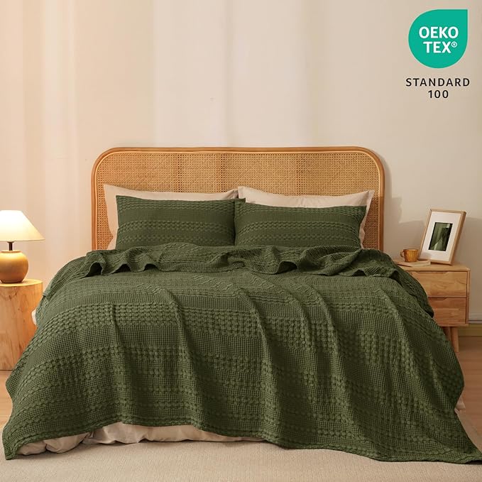 PHF 100% Cotton Waffle Weave Blanket Twin Size, Soft Lightweight Breathable Cozy Summer Blankets for Bed, Luxury Aesthetic Woven Bedding for Home Decor, 66"x90", Capulet Olive