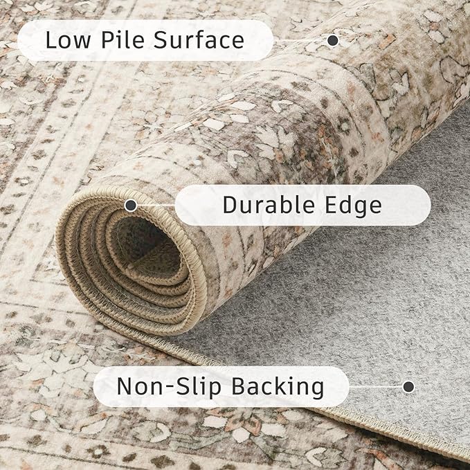 DCX Machine Washable Brown and Beige Area Rug 5x7, Non Slip Stain Resistant Vintage Rug for Living Room Diningroom Bedroom Nursery, Soft Low Pile Large Carpet