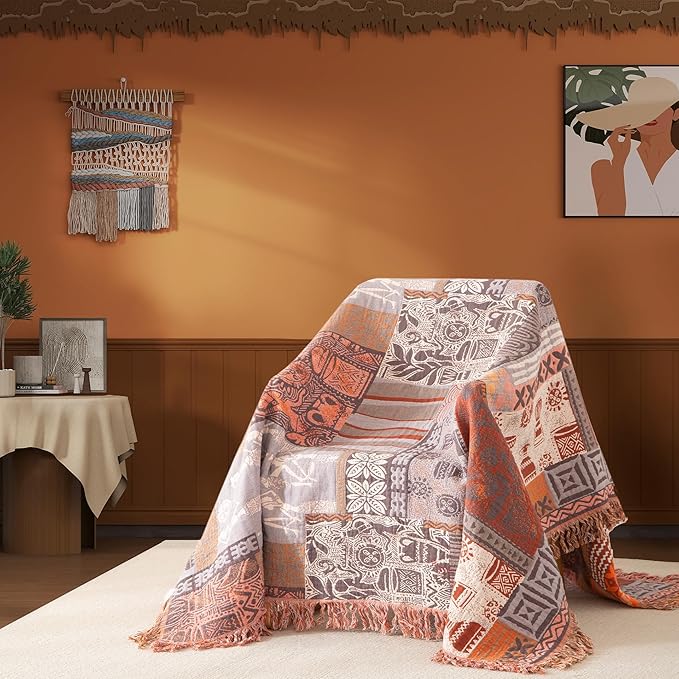 Boho Throw Blanket Twin Size, Soft Cozy Cotton Muslin Quilt Blanket for Bed Decor, Patchwork Block Couch Sofa Chair Cover, Vintage Farmhouse Cottage Tapestry Woven Blanket, Red&Orange
