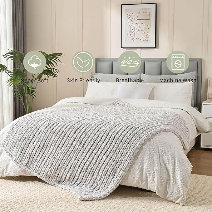 Esterra Chunky Knit Blanket Throw 50"x60", 100% Hand Knitted Chenille Throw Blanket, Cozy Soft Thick Cable Knit Throw Large Rope Knot Crochet Throw Blanket for Sofa Couch Bed, Light Gray