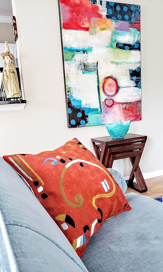 Kandinsky Modern Pillow Cover - Orange Ribbon | Mid Century Chair Cushions | Orange Abstract Pillows | Contemporary Pillowcase | Modern Couch Pillows | Hand Embroidered Cushion | Wool Size 18x18