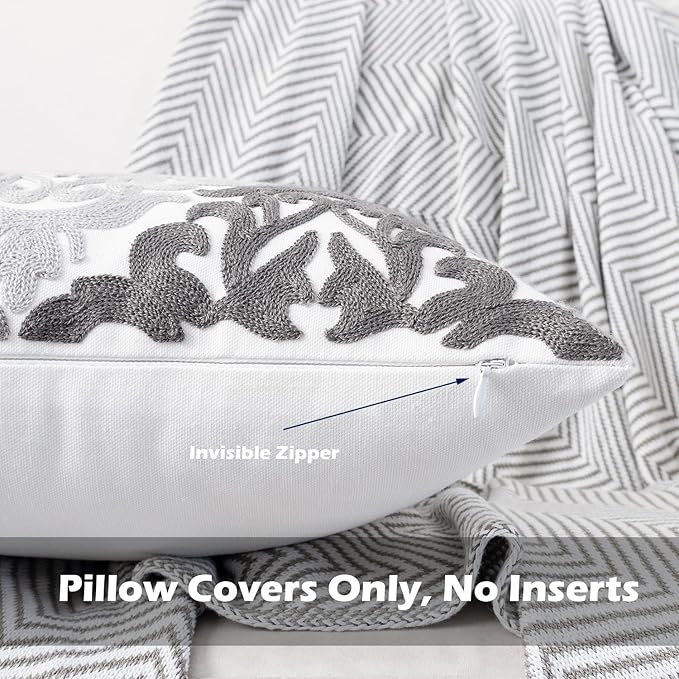 HWY 50 Grey Gray Decorative Throw Pillow Covers 18x18 Inch (1 Piece), Embroidered Cotton Farmhouse Cushion Cover Pillow Case for Sofa Couch Living Room Bed Bedroon, Floral Geometric