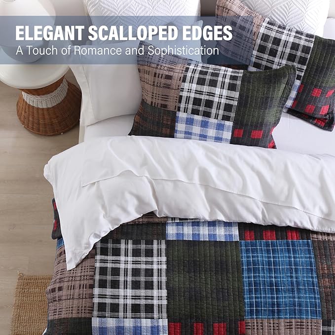 NEWLAKE Quilt Set Queen Size, Cotton Patchwork Blue Black Checkered Patterns Quilt Sets, Reversible Bedspread Lightweight and Breathable for All Seasons, Soft Quilted Bedspread with 2 Pillow Shams