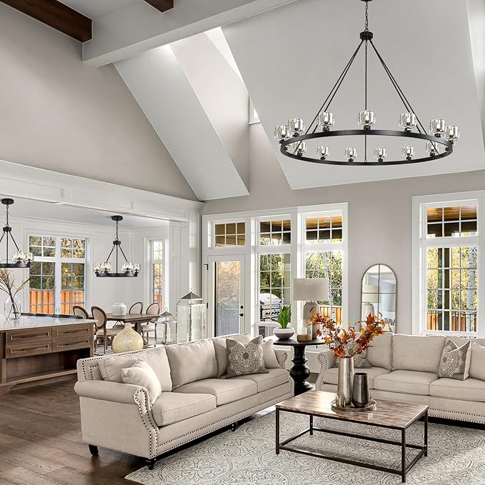 Black Wagon Wheel Chandelier, 59 Inch Black Chandeliers with Unique Glass Shade, 15-Light Crystal Large Wagon Wheel Chandeliers for Dining Room, High Ceiling Round Chandelier for Living Room, Foyer