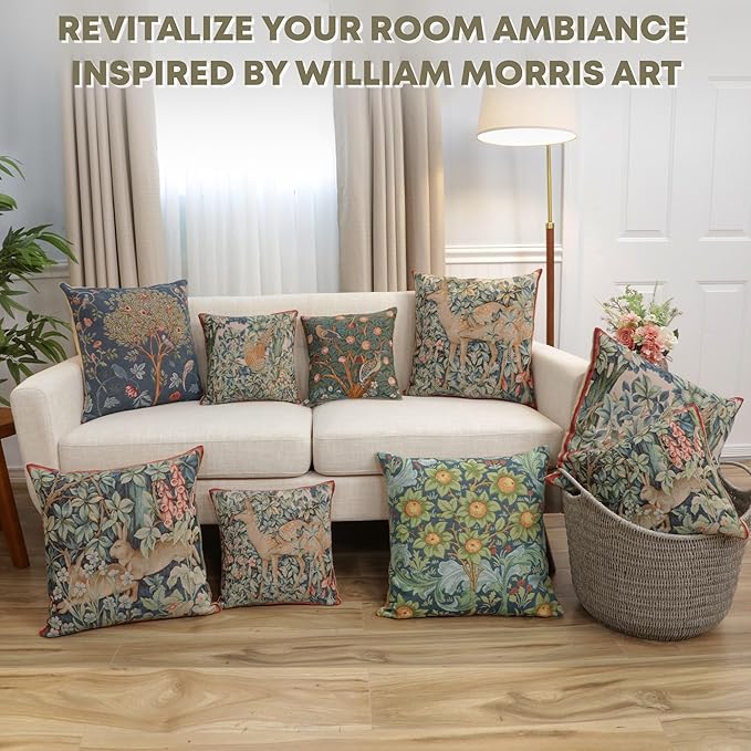 Charlotte Home Furnishings Decorative Tapestry Pillow Cover 14x14 in, Green Hares Couch Throw Pillow Cover, French Country Square Cushion Cases for Living Room Home Decor, Soft Cotton Jacquard Woven