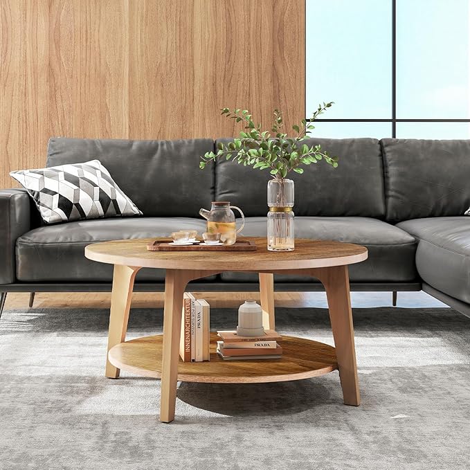 Sweetcrispy Round Coffee Table, 36'' Wood Coffee Tables for Living Room with Storage, 2-Tier Center Circle Counter with Wooded Desktop, 50 lbs Capacity, Anti-Slip Feet, Modern Farmhouse Design, Brown
