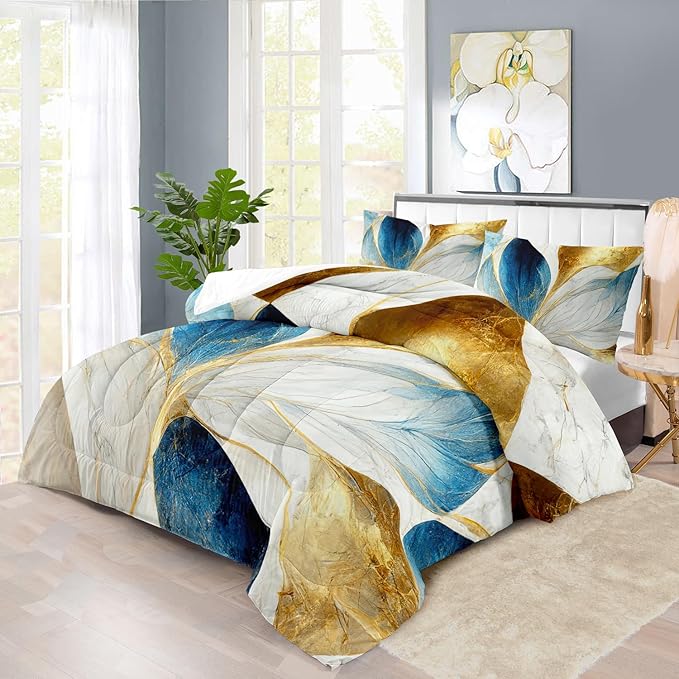 Vintage Floral Comforter Set King Size Women,Marble Flower Bedding Set King,Marble Blue Flower Bed Comforter,Blue and Gold Floral Quilt Bedroom Decor for Kids and Adults