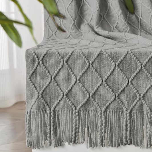 inhand Knitted Throw Blankets for Couch and Bed, Soft Cozy Knit Blanket with Tassel, Light Grey Lightweight Decorative Blankets and Throws, Farmhouse Warm Woven Blanket for Men and Women, 50"x60"