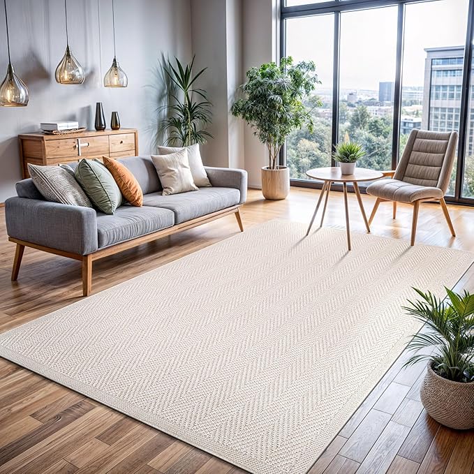 CAMILSON Easy Jute Rug 6x9, Indoor Outdoor Off-White Color Fiber Area Rugs for Living Room Patio and Bedroom Rug Herringbone Seagrass Woven Design Easy-Cleaning, Washable Outside Carpet Alfombras 6x9