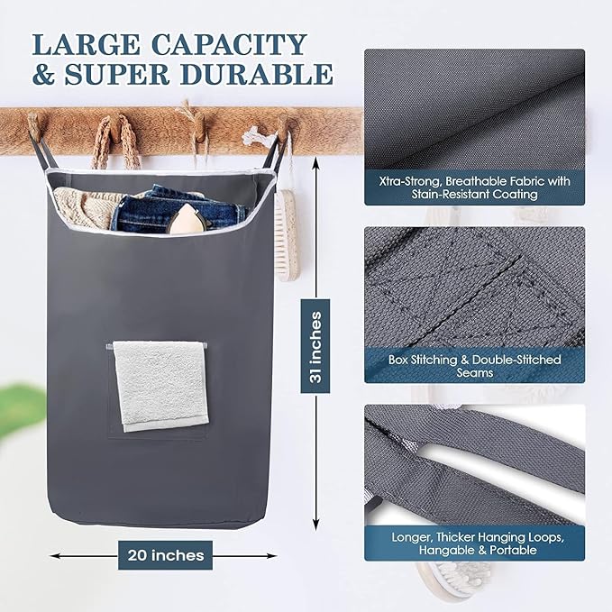 The Fine Living Co. X-Large Hanging Laundry Hamper with Over Door Hooks & Adhesive, Durable Space Saving Laundry Bag with Zipper and Wide Open Top,Hanging Dorm Laundry Hamper 20"x3.75"x31" (Gray-XL)