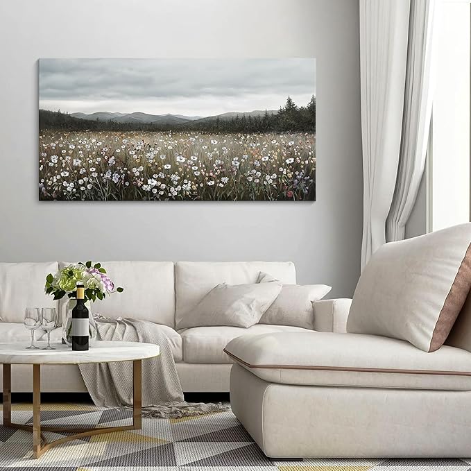 HGUAOA Vintage Framed Floral Landscape Wall Art for Living Room - Large Nature Artwork Above Bed Wall Decor - Farmhouse Mountain Pictures for Bedroom Wall Decor 20×40IN