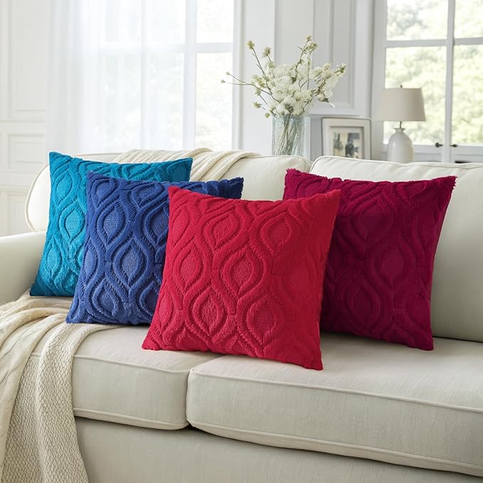 decorUhome Fall Throw Pillow Covers 18x18 Inch Set of 2, Soft Plush Decorative Faux Fur Turquoise Solid Couch Pillow Covers, Accent Farmhouse Neutral Square Euro Pillow Cases for Sofa Bed Living Room