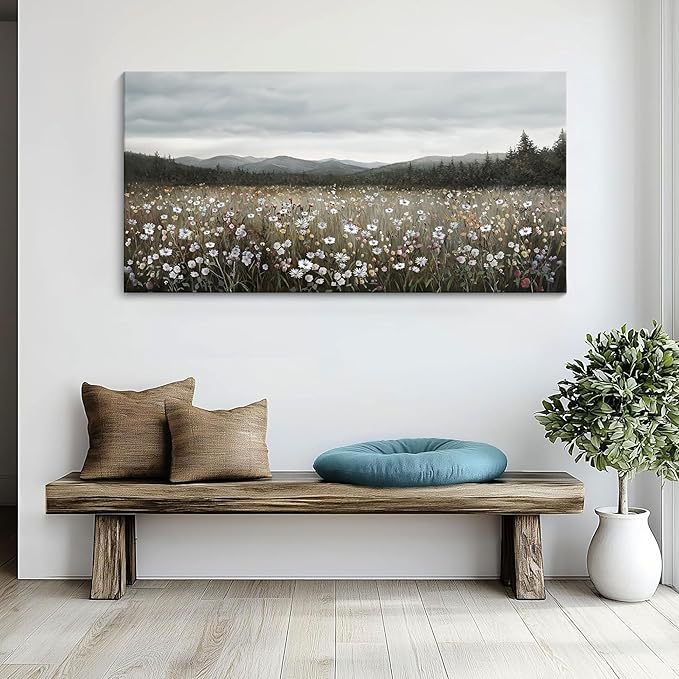 HGUAOA Vintage Framed Floral Landscape Wall Art for Living Room - Large Nature Artwork Above Bed Wall Decor - Farmhouse Mountain Pictures for Bedroom Wall Decor 20×40IN