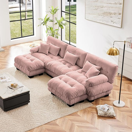 U Shaped Couch Sectional Couch, 3-Seater Cloud Couch Sectional Oversized Couch, Sofa Bed Couch with Round Bolster Armrests 5 Pillows, Modular Couch Home Sofa Living Room Couch(Pink)