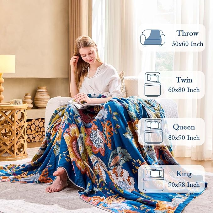 Boho Throw Blanket, Blue Lightweight Blankets for Summer, 100% Cotton Bohemian Decorative Throw Blanket, 80"x90" Reversible Muslin Breathable Woven Farmhouse Blankets Quilt,