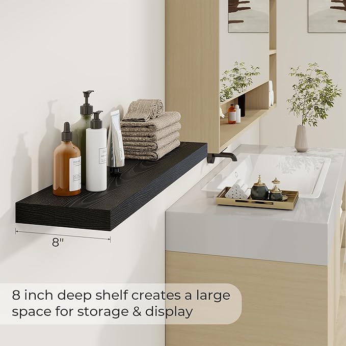 36 inch Floating Shelves Wall Shelves for Office with Invisible Brackets, 8 inch Deep Shelves for Bathroom, Living Room, Kitchen, Office, 36x7.9 inch deep Set of 2, Black