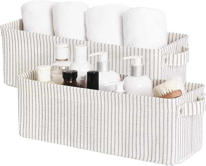 StorageWorks Narrow Storage Bins, Small Basket for Closet and Shelves, Fabric Organizer with Handles, Toilet Paper Storage, Gray and White Stripes, 2-Pack
