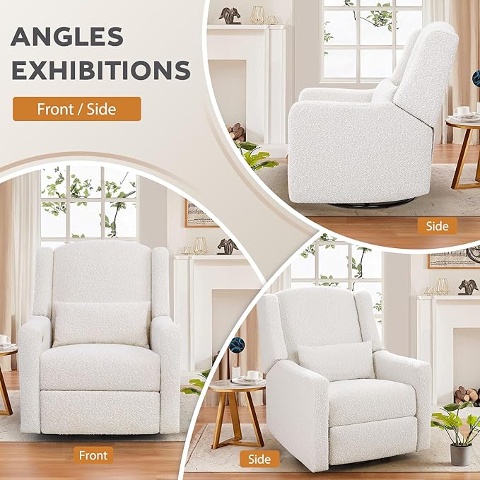 Power Recliner Chair Swivel Glider, Large Rocker Recliner w/USB Charging Port, Boucle Upholstered Swivel Rocker Glider Recliner for Nursery,Bedroom,Living Room, 1PC, Cream