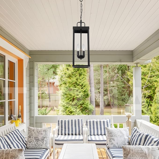 Large Outdoor Pendant Lantern Light Fixture for Front Porch, 20 Inch 2-Light Black Exterior Hanging Chandelier with Clear Glass, Outdoor Indoor Pendant Lamp for Patio, Gazebo, Entryway, Doorway