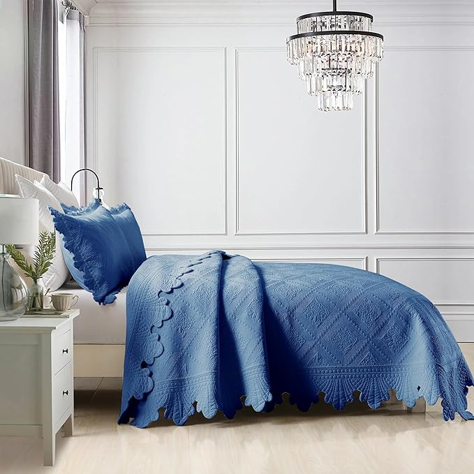 MarCielo 3-Piece 100% Cotton Oversized Bedspread Lightweight Quilt Coverlet Embroidery Farmhouse Bedding Set (Tk Midtone Blue, Oversized King (118"x106"))