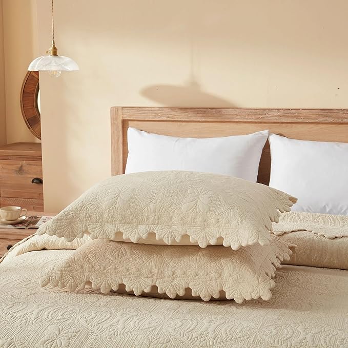 MarCielo 3-Piece 100% Cotton Oversized Bedspread Lightweight Quilt Coverlet Embroidery Farmhouse Bedding Set(TL Beige,Oversized Queen (100"x106"))