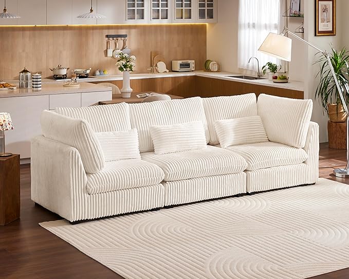 Oversized Modular Sofa, Extra Deep Cloud Corduroy Sectional Couch with Ottoman Chaise, Fluffy Chenille 3 Seater Sofa for Living Room, Villa (Basic 3 Seater, Corduroy White)
