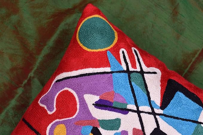 Kandinsky Modern Couch Pillow Cover - Red Painting | Abstract Toss Pillow | Modern Chair Cushion| Contemporary Pillow | Mid Century Chair Cushion | Hand Embroidered Pillow | Wool Size 18x18