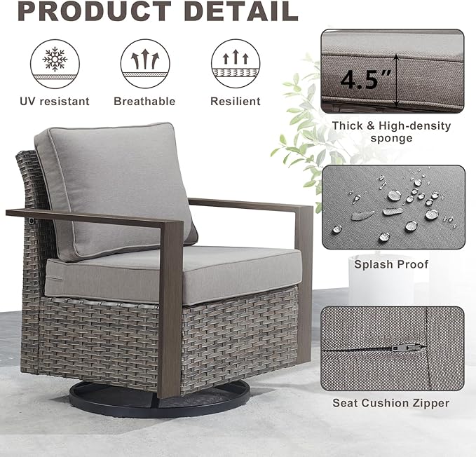 Outdoor Wicker Patio Furniture Set - 8 Piece Patio Conversation Set with 4 Wicker Swivel Rocker Chairs,2 Rattan Ottoman 1 Side Table and 1 Couch,Thick Cushions,Deep Seating(Mixed Grey/Grey)