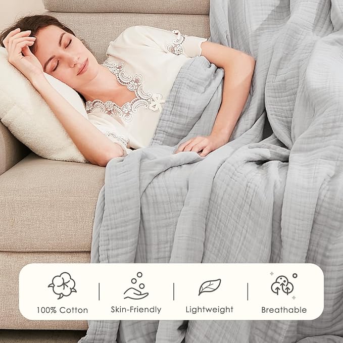 EMME Cotton Blanket Twin XL for Bed Soft Muslin Blankets 66"x90" Lightweight Breathable Layering Bedspread Coverlet All Season Gauze, Light Grey