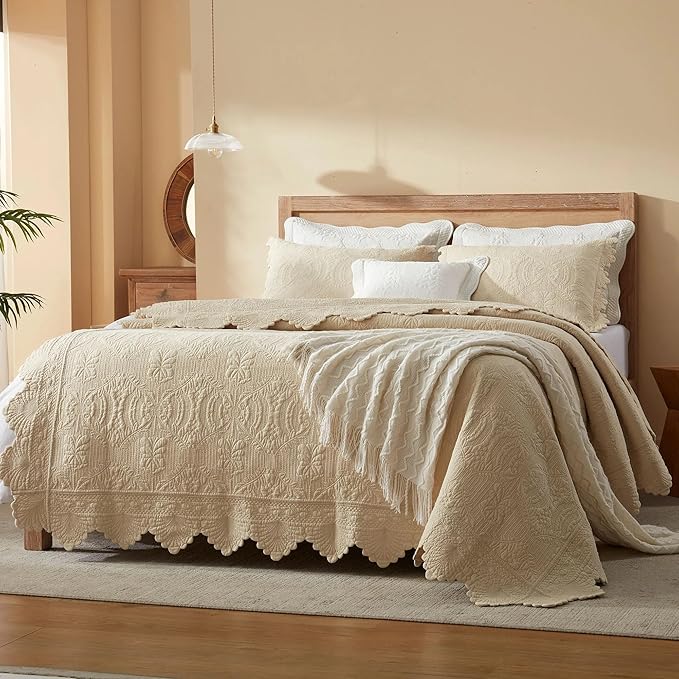 MarCielo 3-Piece 100% Cotton Oversized Bedspread Lightweight Quilt Coverlet Embroidery Farmhouse Bedding Set(TL Beige,Oversized King (118"x106"))