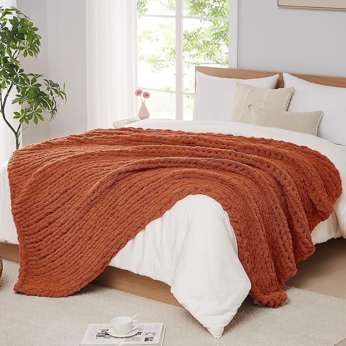 L'AGRATY Chunky Knit Blanket Throw: 72''x84'' Chenille Chunky Knitted Throw Blankets for Bed Couch - Handmade Thick Big Cable Knit Blanket - Large Crochet Rope Blankets for Home Decor(Rusty Orange)