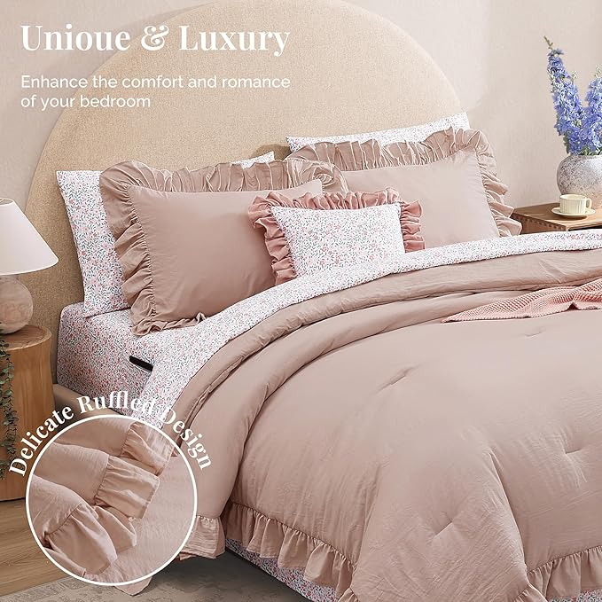 Queen Comforter Set - 7 Pieces Ruffle Pink Bedding Sets, Shabby Chic Farmhouse Bed in a Bag Queen with Ruffle Comforter, Floral Sheets, Pillowcases & Shams