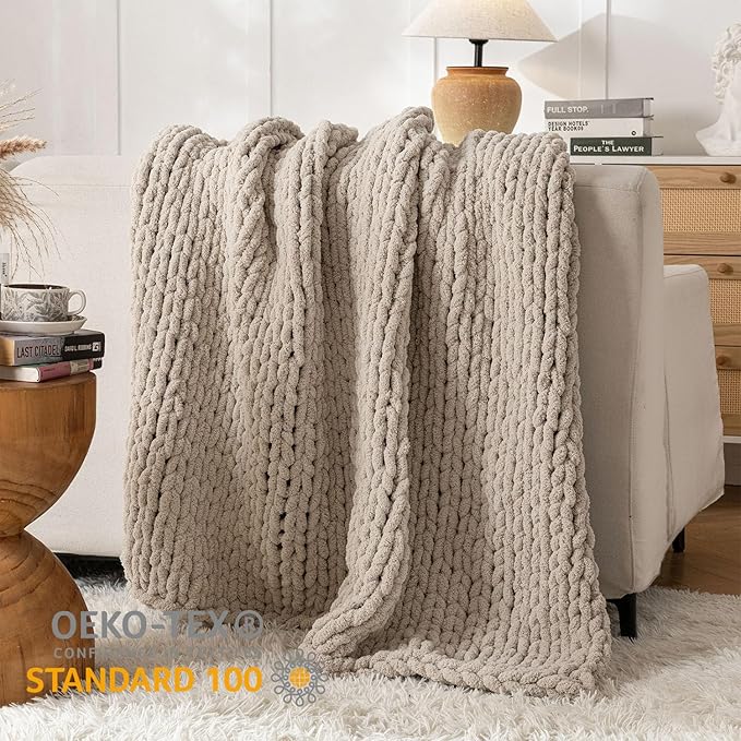 Chunky Knit Blanket Throw, 100% Hand Knit Throw Blanket Handmade Chenille Cable Knit Throw for Couch, Stylish Cozy Soft Rope Knot Crochet Blanket for Home Decor, Beige Linen, 60x80 Inches