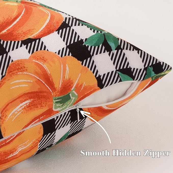 decorUhome Fall Orange Pumpkin Decorative Throw Pillow Covers 18x18 Set of 2, Buffalo Plaid Check Farmhouse Cushion Covers for Autumn Harvest Couch Sofa Bed Home Decor