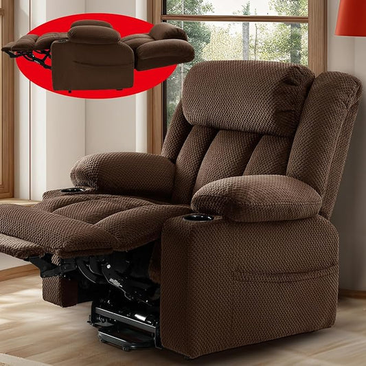 Three Motor Large-Wide Power Lift Chairs Recliners for Big and Tall Elderly, 180° Lay Flat Lift Chair, Infinite Position, Power Headrest, Heat & Vibration Massage (Plush Flannel, Deep Brown)