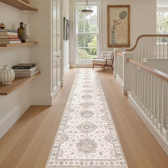 Washable 2.6x12 Runner Rug - Area Rugs Neutral Vintage Distressed Floral Farmhouse Boho Large Soft Floor Rug Indoor Carpet for Hallway Entryway Kitchen Home - Beige Brown