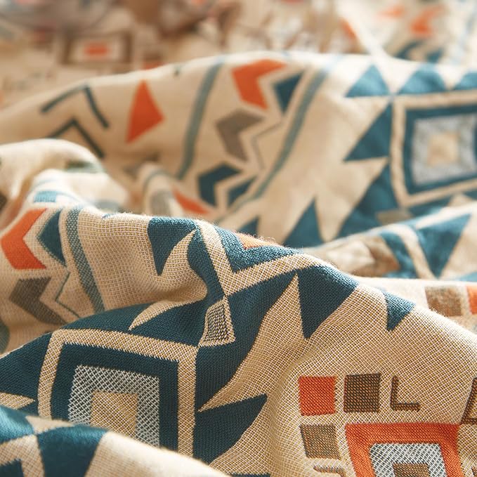 Boho Throw Blanket for Couch Sofa Bed, 100% Cotton Woven Quilt with Tassel 80”x90”, Super Soft Muslin Blanket with Patchwork Printed, Decorative Reversible Bed Blanket/Cover for All Seasons