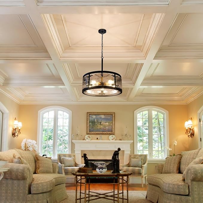 20" Farmhouse Round Black Chandelier, 5-Light Rustic Dining Room Light Fixtures Over Table, Industrial Glass Chandeliers for Dining Kitchen Living Room, Clear Waterglass Drum Shade