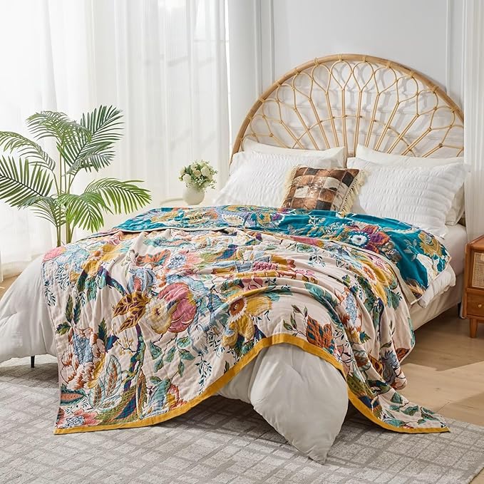 Boho Throw Blanket for Bed, Double Sided Floral Decorated Bohemian Couch Blanket, Lightweight Breathable 100% Cotton Throw Blanket,Room, Farmhouse, Bed Decor (Happiness,50"x60")