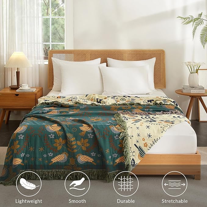Boho Throw Blanket for Couch Sofa Bed, 100% Cotton Woven Quilt with Tassel 80”x90”, Super Soft Muslin Blanket with Bird Printed, Decorative Reversible Bed Blanket/Cover for All Seasons